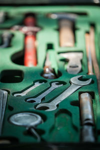 Close-up of hand tools in toolbox
