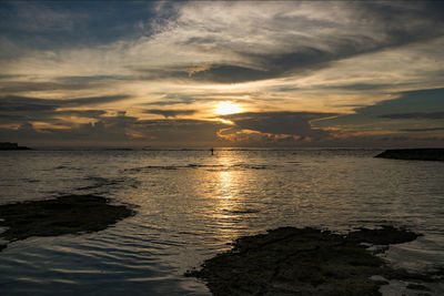 Scenic view of sea against cloudy sky during sunset