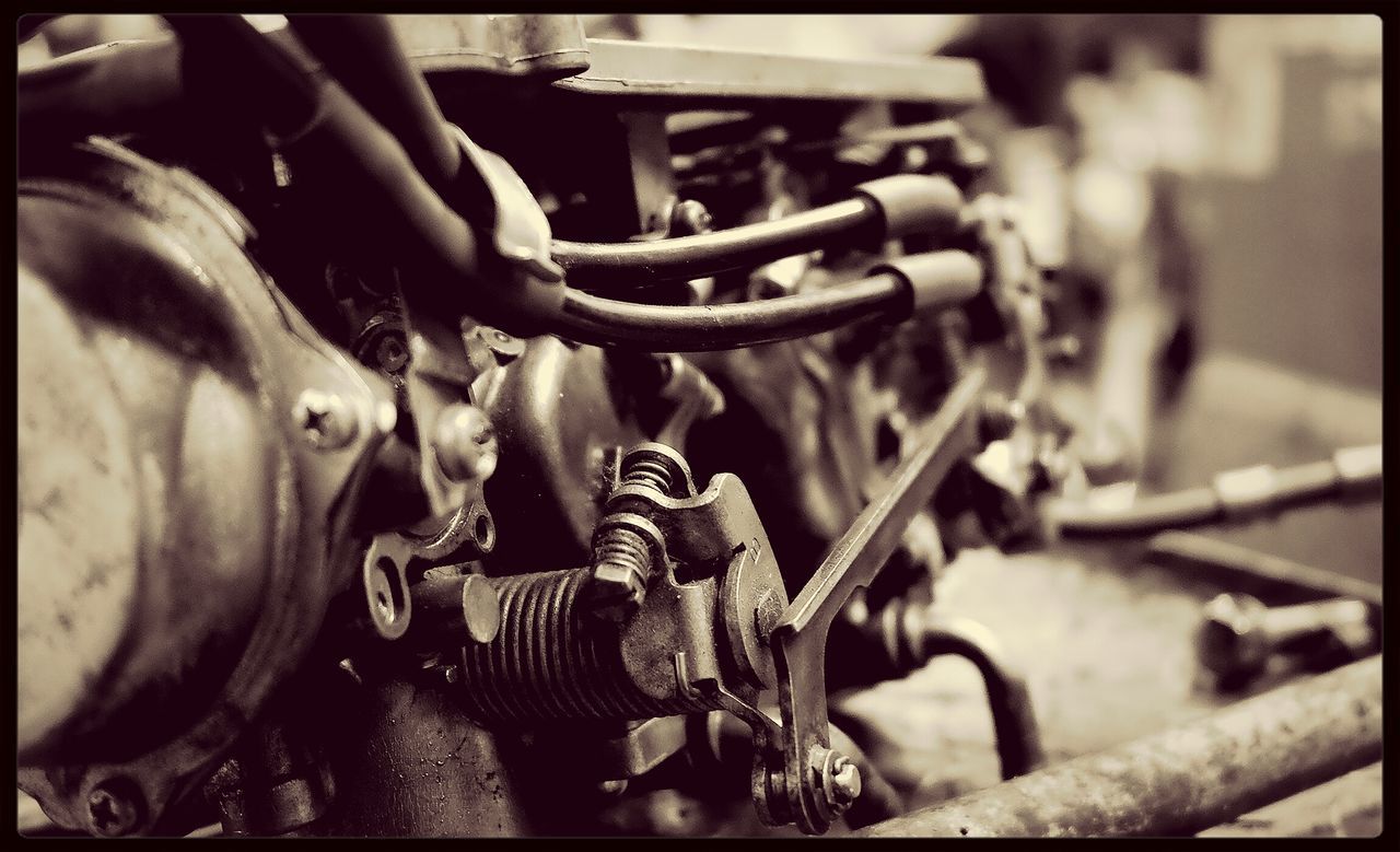 transfer print, auto post production filter, metal, close-up, focus on foreground, indoors, chain, metallic, part of, protection, rusty, mode of transport, machine part, transportation, selective focus, safety, land vehicle, machinery, day, old