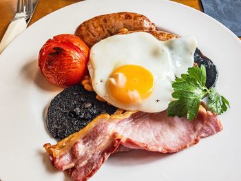 Close-up of breakfast served in plate