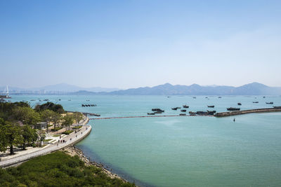 High angle view of bay against sky