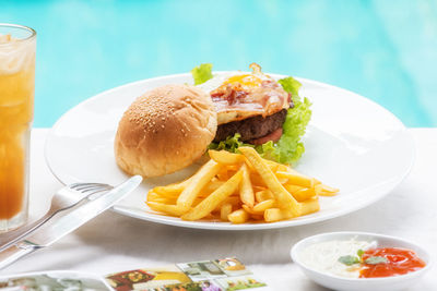 Close-up of food served on table