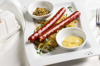 High angle view of food served on table