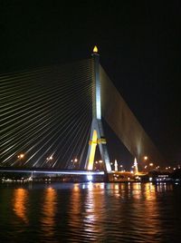 Suspension bridge over river at night