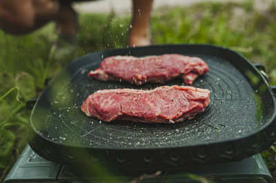 Salt and pepper is sprinkled on meat steak is fried in grill pan on gas stove in open air on grass