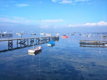 Sailboats moored in harbor against sky