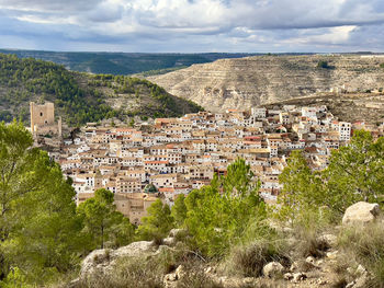 High angle view of alcalá del júcar against sky