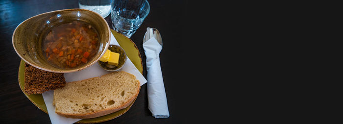 High angle view of breakfast on table