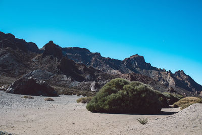 Scenic view of rocky mountains against clear blue sky