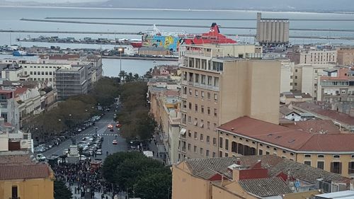 High angle view of buildings in city