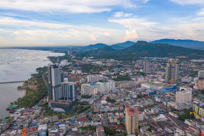 High angle view of buildings against sky in city