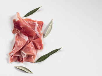 High angle view of meat on white background