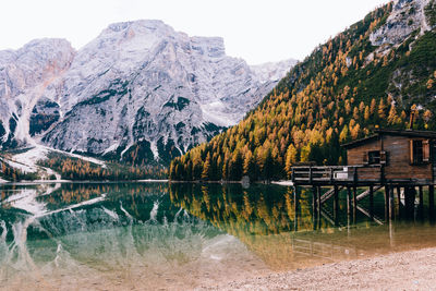 Scenic view of lake by snowcapped mountains against sky