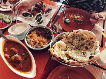High angle view of meal served on table