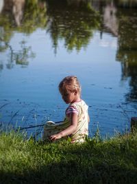 People relaxing in lake