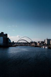 Bridge over river with buildings in background