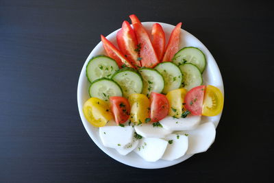 High angle view of fruits in bowl on table