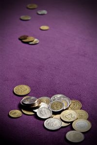 Close-up of coins on table