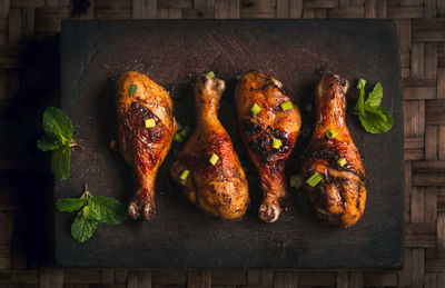 Directly above shot of chicken served on table