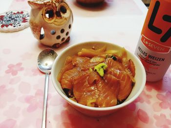 High angle view of food in bowl on table