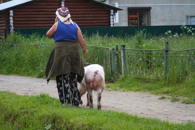 Full length of man with dog standing in farm