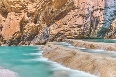 Natural pools of millpu in huancaraylla. turquoise lagoons near ayacucho, travel destination in peru