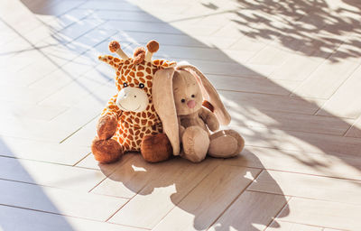 Children's soft plush toy giraffe and bunny sit on wooden background, hard light and shadow