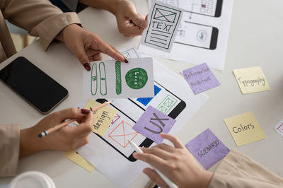 High angle view of business people working on table