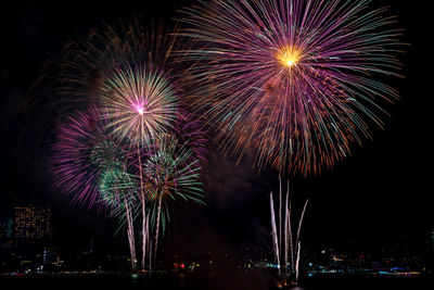 Firework display in sky at night