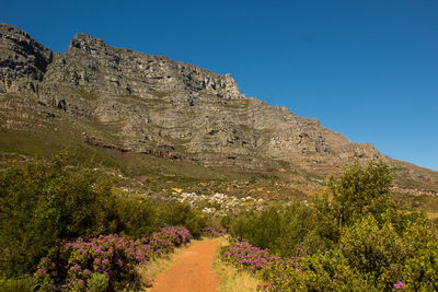 Scenic view of mountains against clear blue sky