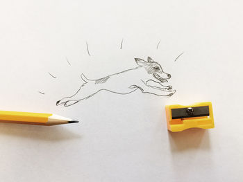 High angle view of colored pencils against white background