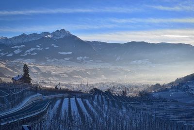 Scenic view of mountains against cloudy sky