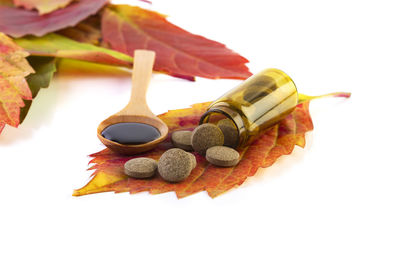 High angle view of candies against white background