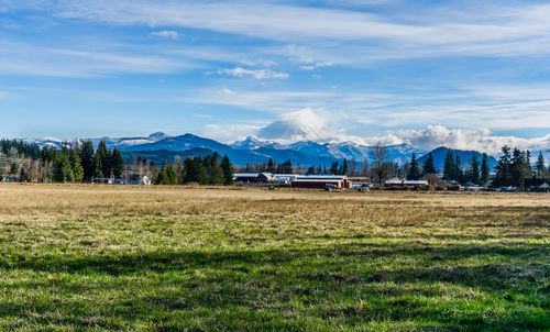 A view of the countryside and mount rainier in enumclaw, washington.