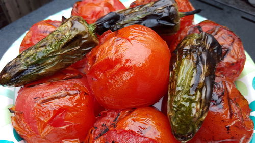 Close-up of roasted peppers in plate