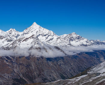 Scenic view of snowcapped mountains against clear blue sky