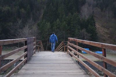 Rear view of man walking on footbridge in forest