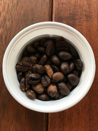 High angle view of coffee beans in bowl on table