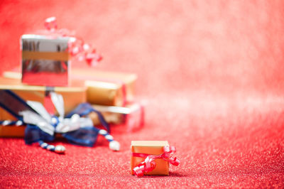 Close-up of christmas presents on table