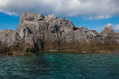 Scenic view of rocks in sea against sky