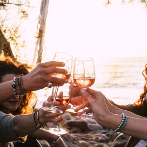 Close-up of friends toasting wineglasses at beach against clear sky
