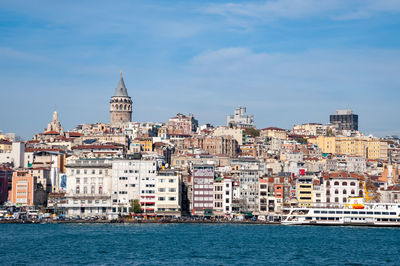 Buildings at waterfront against cloudy sky