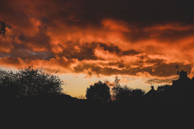 Silhouette plants against dramatic sky during sunset