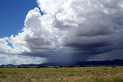 Scenic view of grassy field against cloudy sky