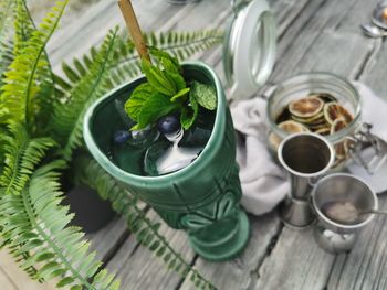 High angle view of drink on table