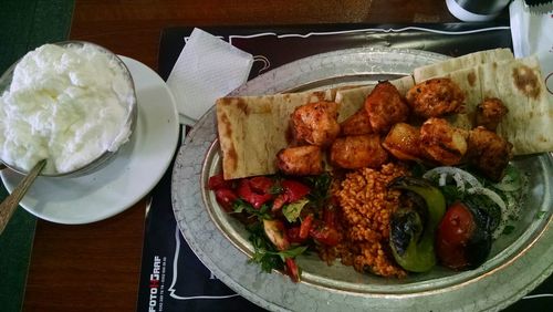 High angle view of food in plate on table