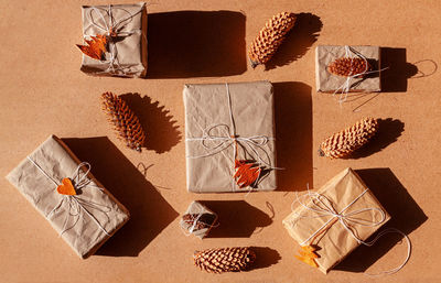 High angle view of christmas decorations on table