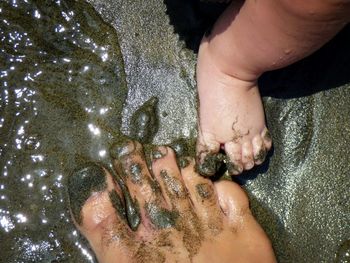 Father and baby feet on beach
