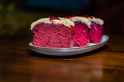 Close-up of strawberry cake on table