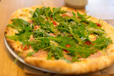 High angle view of pizza on table